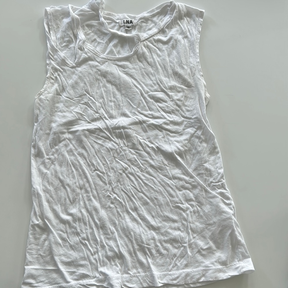 LNA white tank top. tipped detail at neckline